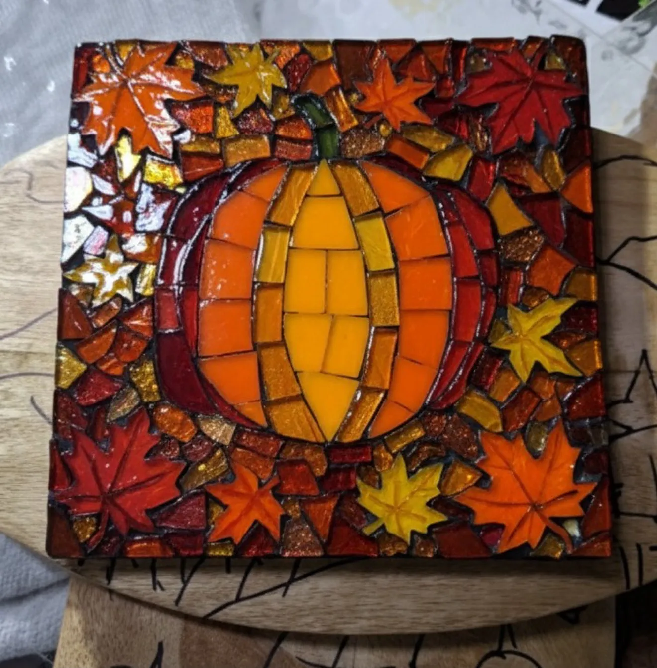 Autumn pumpkin hand-cut glass mosaic, seasonal piece