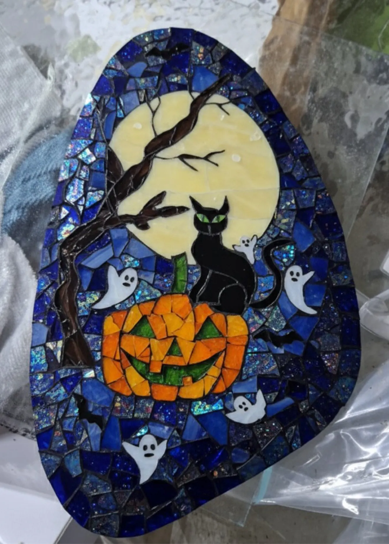 Halloween cat hand-cut glass mosaic, seasonal piece