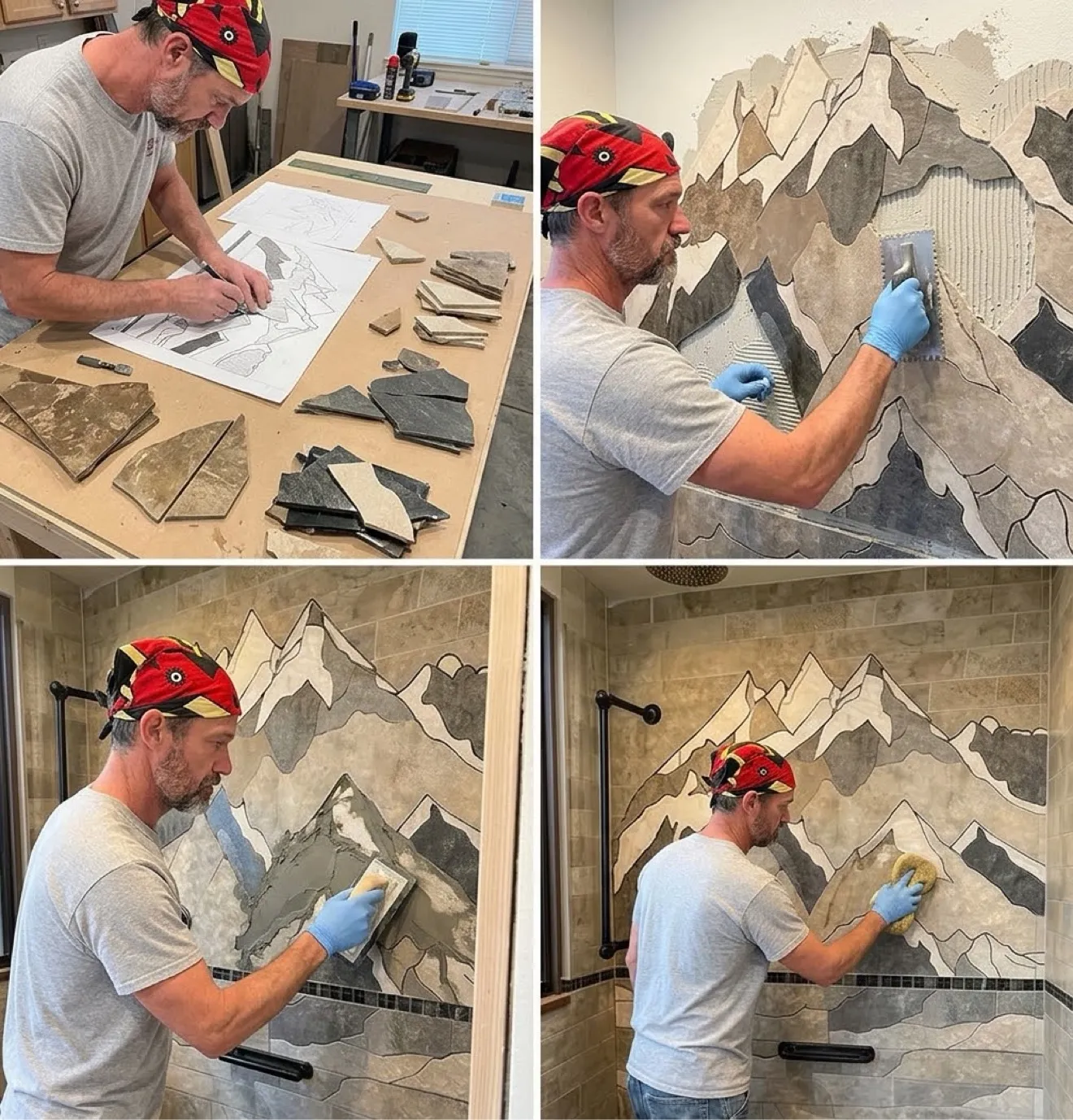 Setting a hand-cut mountain mosaic section on the wall