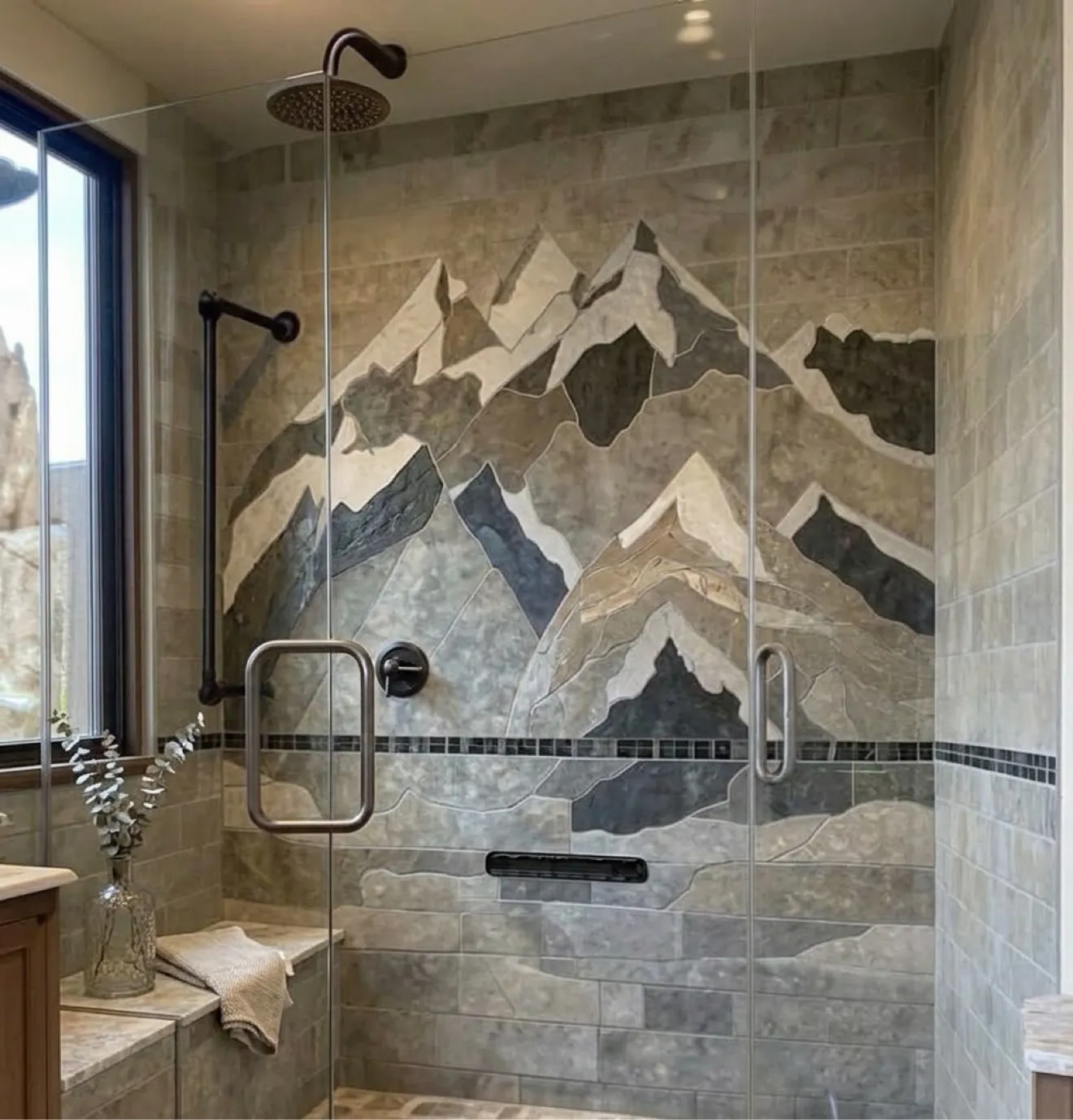 Full-wall hand-cut mountain scene mosaic in a shower