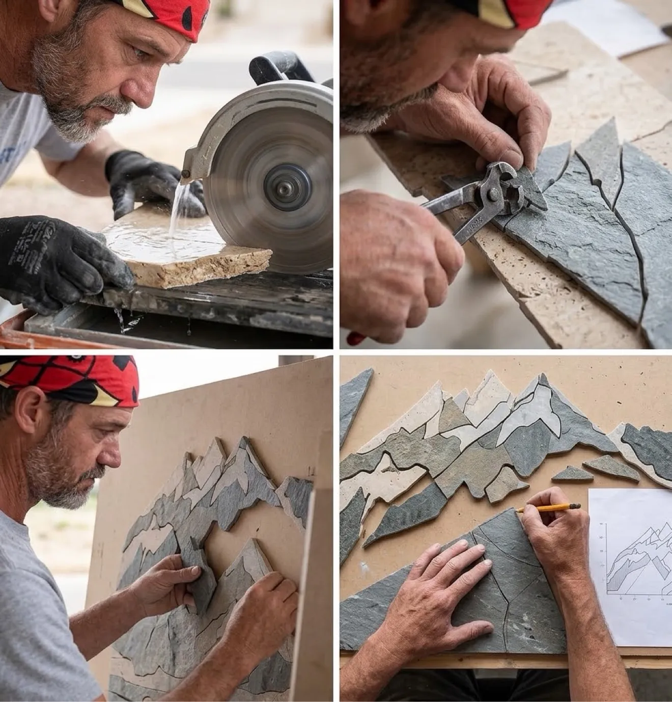 Simon at the studio bench working on a hand-cut mosaic